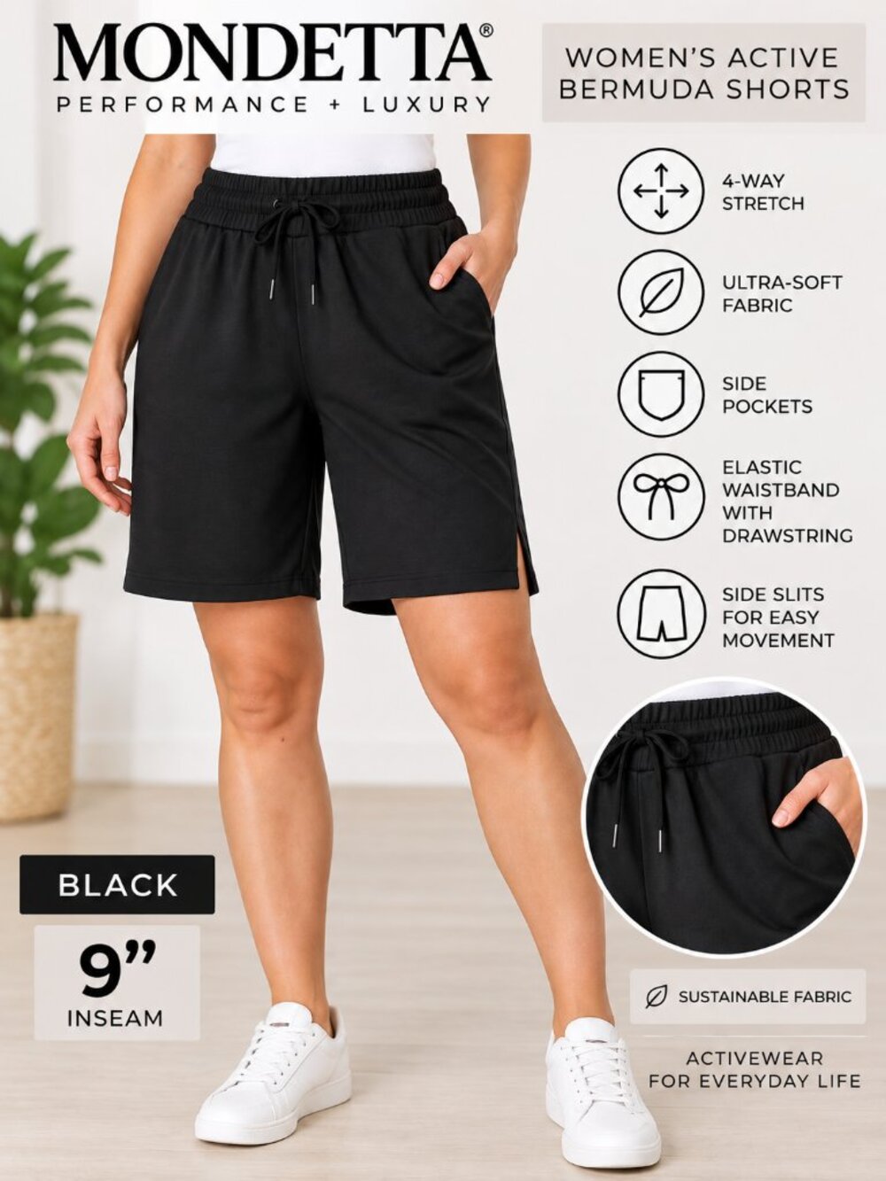 Mondetta Women’s Active Bermuda Shorts Black XS 9” Inseam NWT